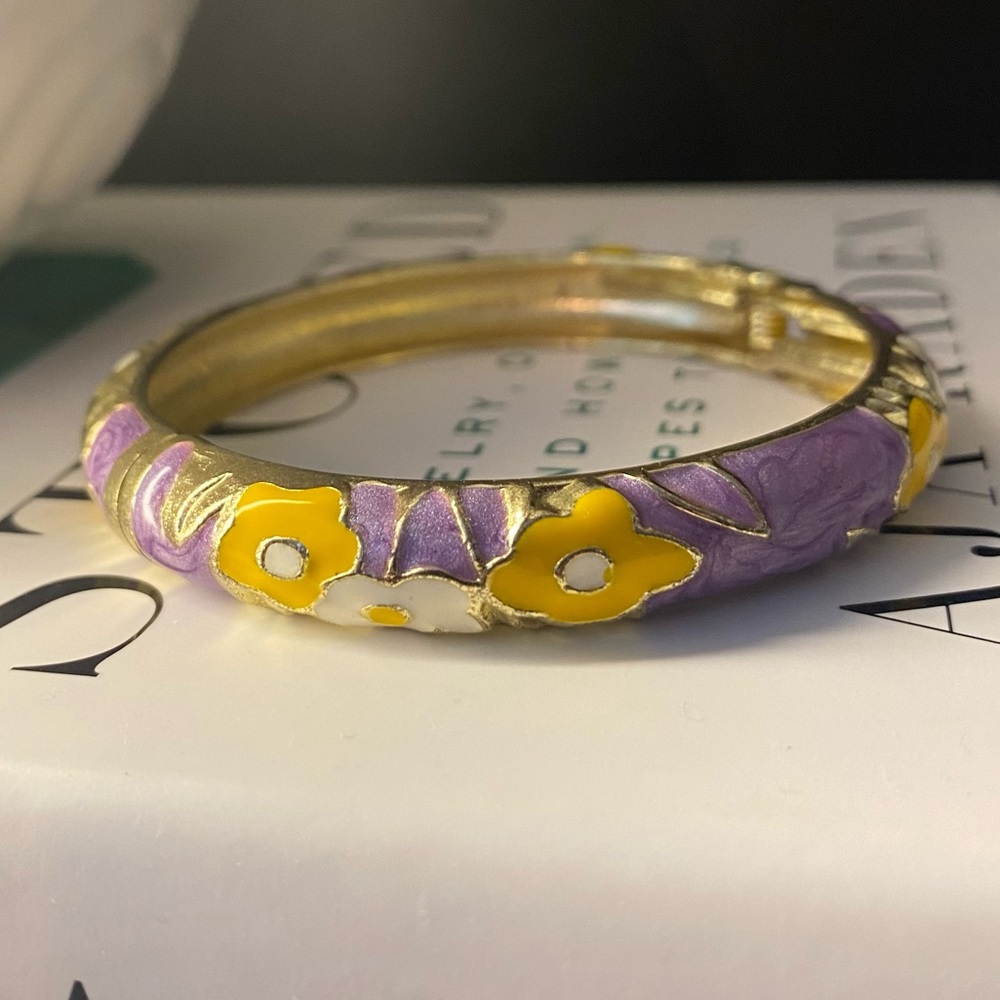 Yellow & Purple Flower Cuff Bracelet - Hinged Closure - Shiny Enamel-like Finish
